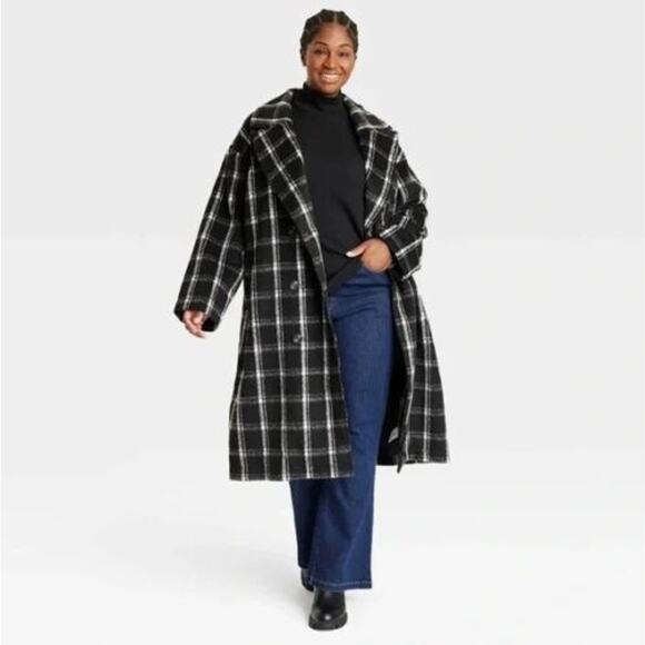 Ava & Viv Women's 4X Black & White Plaid Double Breasted Knee Length Overcoat - Picture 1 of 6